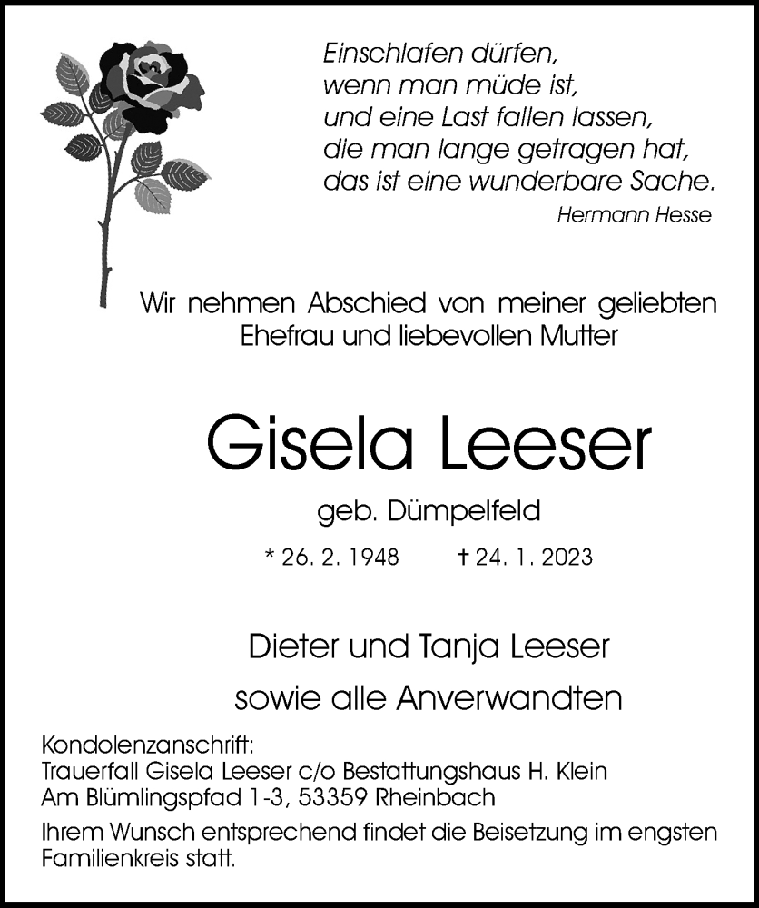 Traueranzeige für Gisela Leeser vom 28.01.2023 aus General-Anzeiger Bonn
