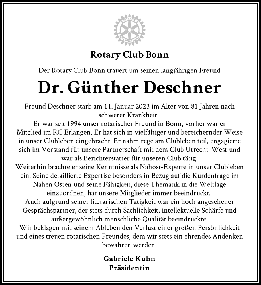  Traueranzeige für Günther Deschner vom 18.01.2023 aus General-Anzeiger Bonn