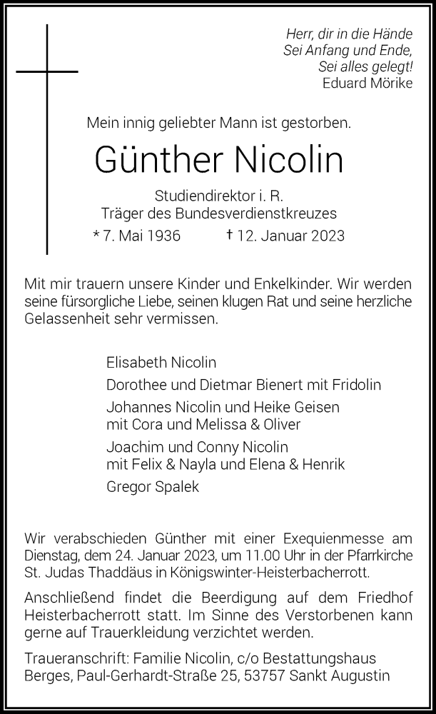  Traueranzeige für Günther Nicolin vom 21.01.2023 aus General-Anzeiger Bonn