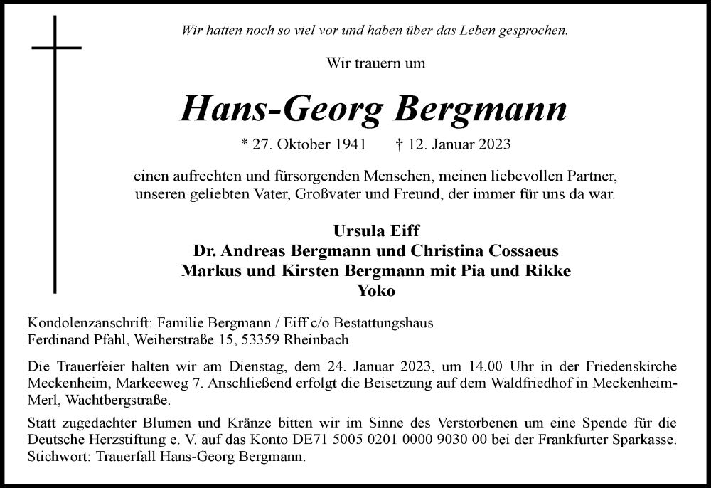  Traueranzeige für Hans-Georg Bergmann vom 21.01.2023 aus General-Anzeiger Bonn