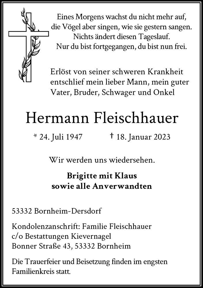  Traueranzeige für Hermann Fleischhauer vom 21.01.2023 aus General-Anzeiger Bonn
