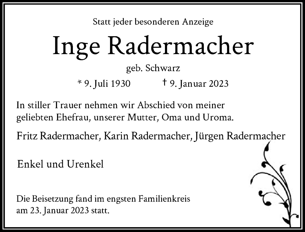  Traueranzeige für Inge Radermacher vom 25.01.2023 aus General-Anzeiger Bonn