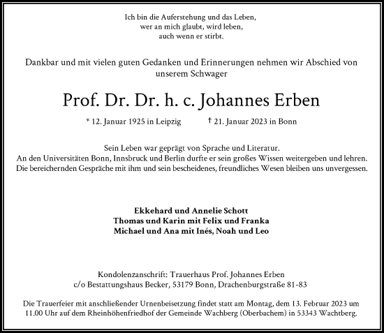 Anzeige von Johannes Erben von General-Anzeiger Bonn