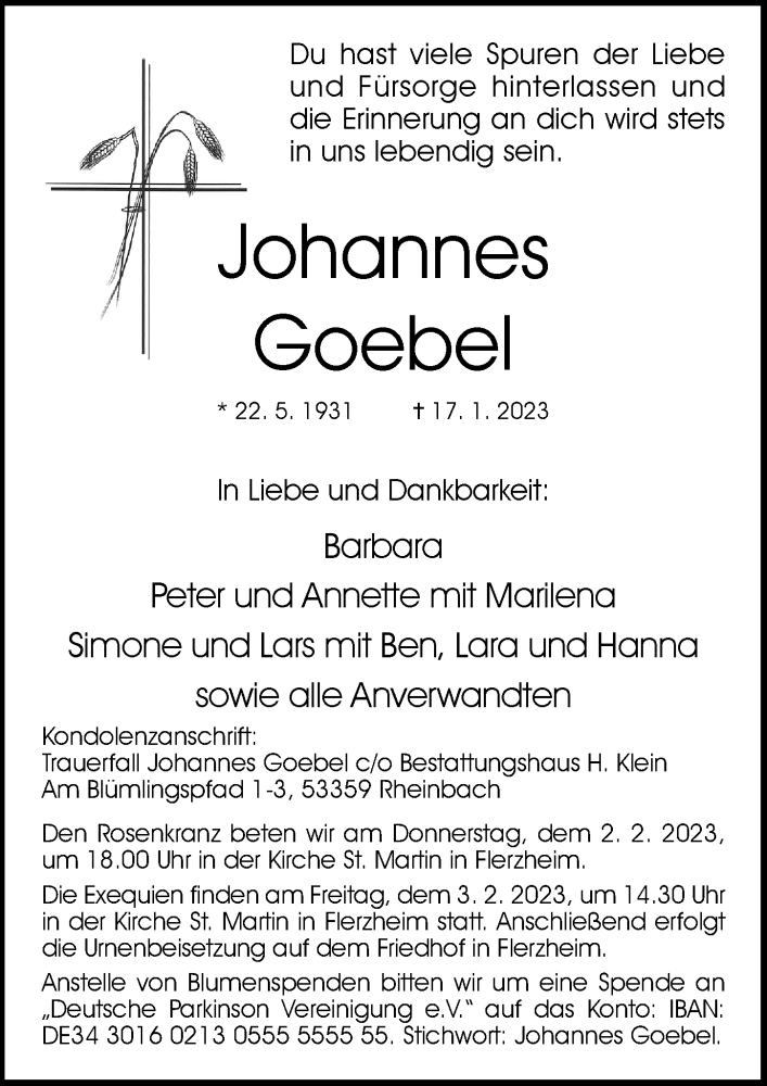  Traueranzeige für Johannes Goebel vom 21.01.2023 aus General-Anzeiger Bonn
