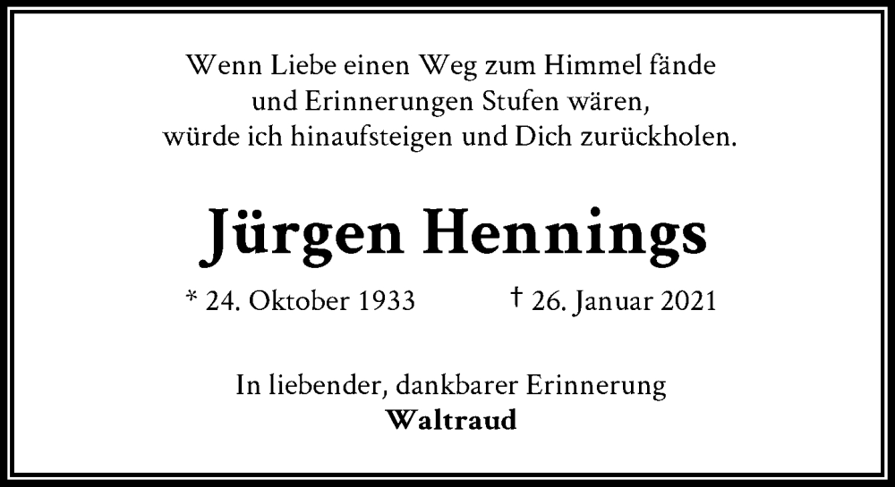  Traueranzeige für Jürgen Hennings vom 28.01.2023 aus General-Anzeiger Bonn