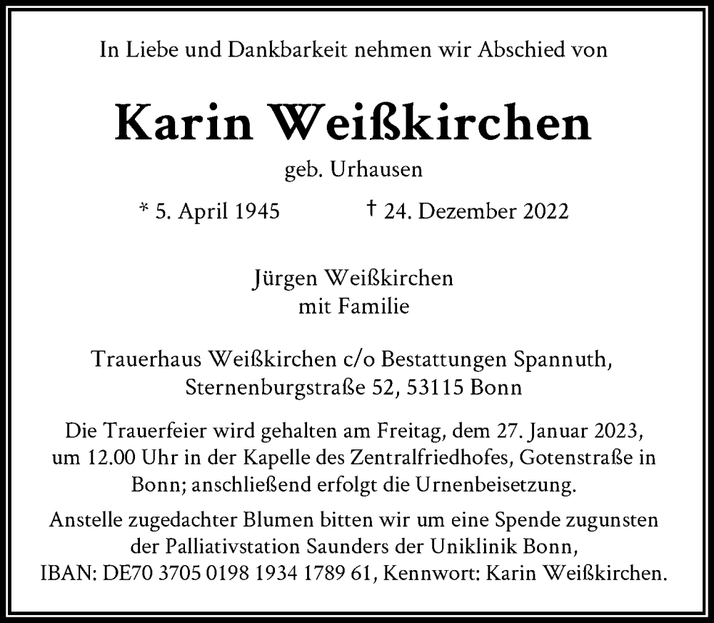  Traueranzeige für Karin Weißkirchen vom 21.01.2023 aus General-Anzeiger Bonn
