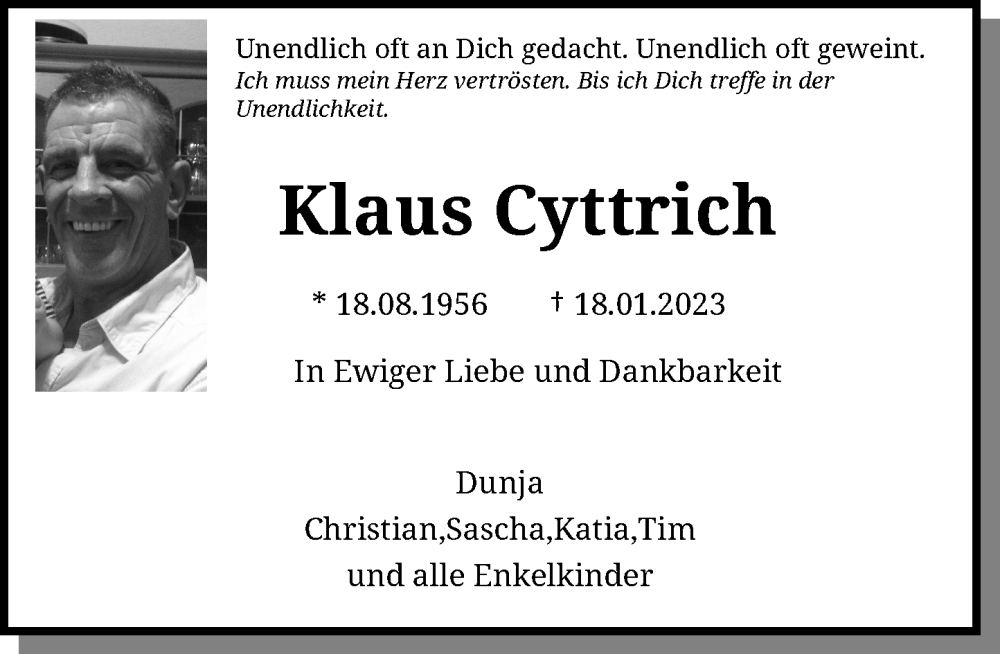  Traueranzeige für Klaus Cyttrich vom 24.01.2023 aus General-Anzeiger Bonn