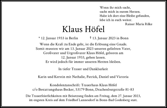 Anzeige von Klaus Höfel von General-Anzeiger Bonn