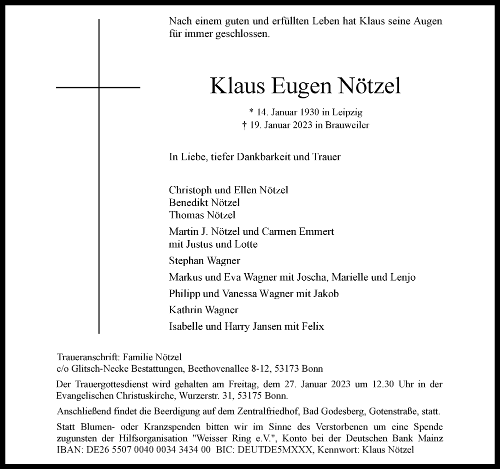  Traueranzeige für Klaus Eugen Nötzel vom 21.01.2023 aus General-Anzeiger Bonn