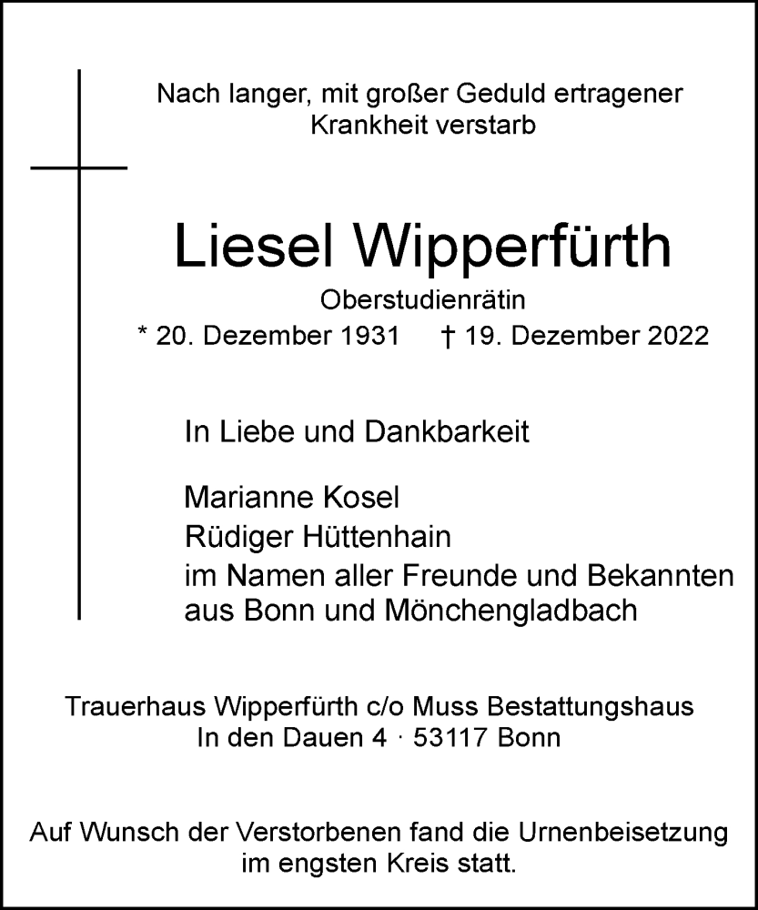  Traueranzeige für Liesel Wipperfürth vom 21.01.2023 aus General-Anzeiger Bonn