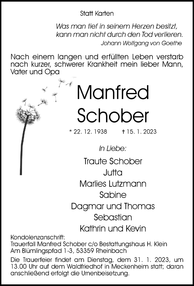  Traueranzeige für Manfred Schober vom 28.01.2023 aus General-Anzeiger Bonn