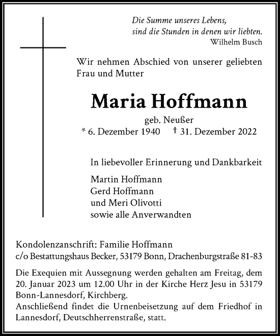 Anzeige von Maria Hoffmann von General-Anzeiger Bonn