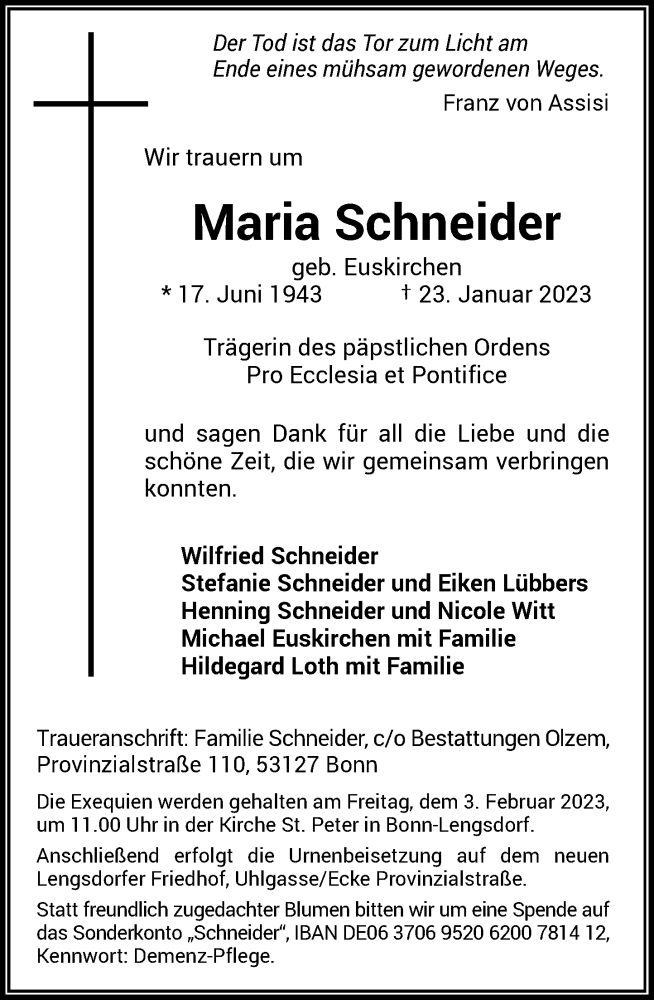  Traueranzeige für Maria Schneider vom 28.01.2023 aus General-Anzeiger Bonn