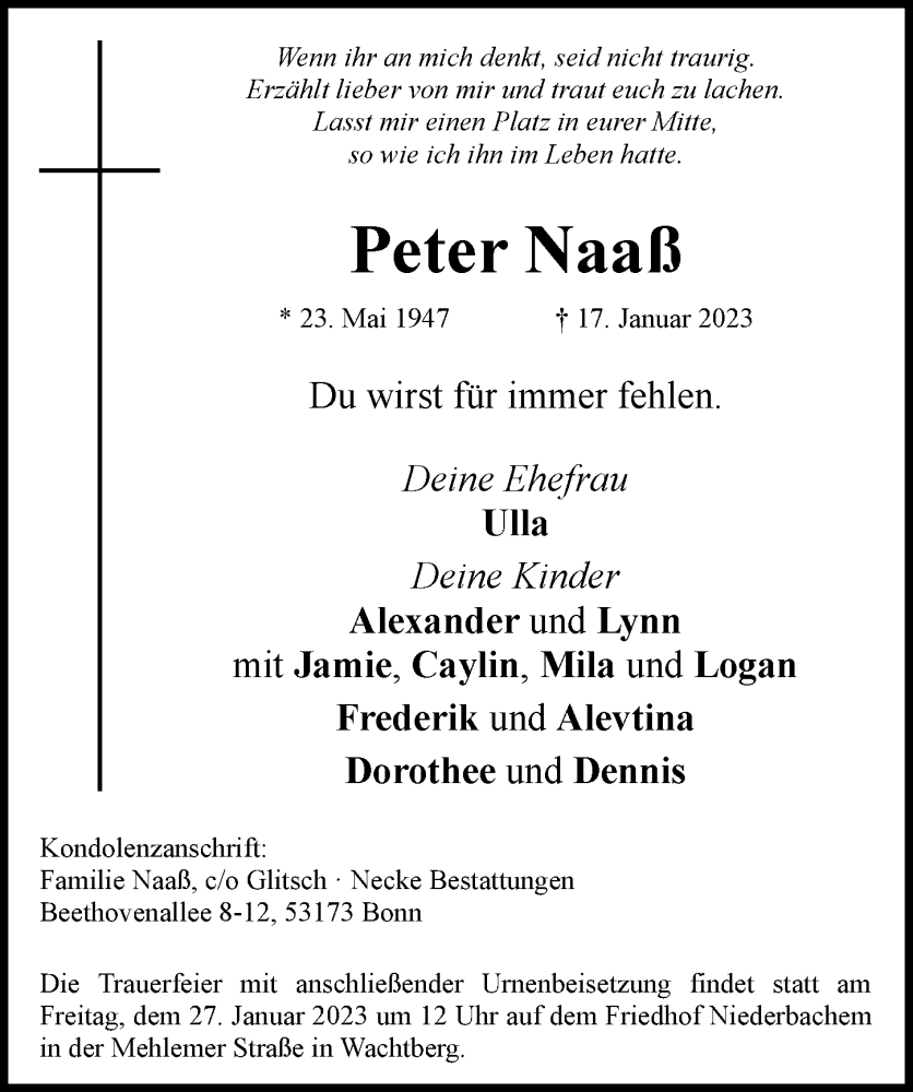  Traueranzeige für Peter Naaß vom 21.01.2023 aus General-Anzeiger Bonn