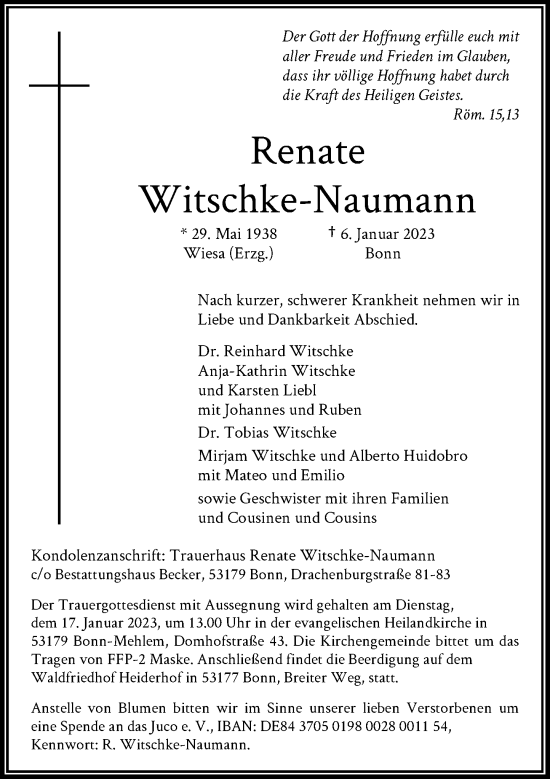 Anzeige von Renate Witschke-Naumann von General-Anzeiger Bonn