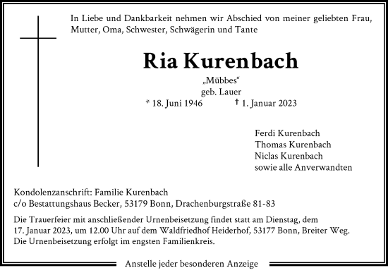 Anzeige von Ria Kurenbach von General-Anzeiger Bonn