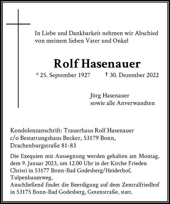 Anzeige von Rolf Hasenauer von General-Anzeiger Bonn