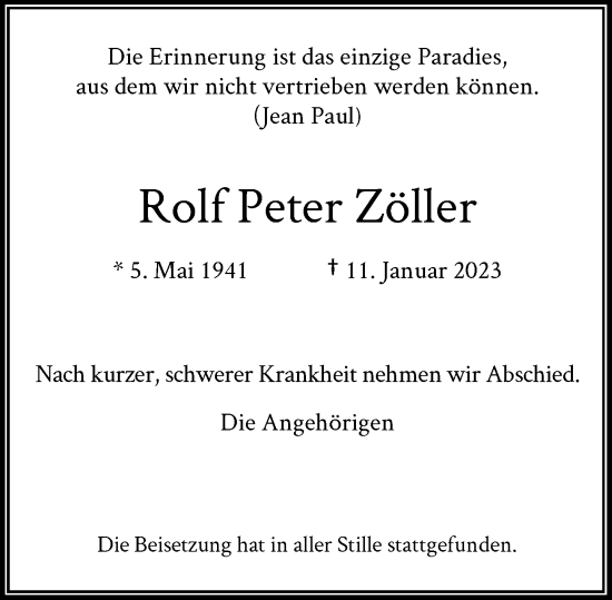 Anzeige von Rolf Peter Zöller von General-Anzeiger Bonn