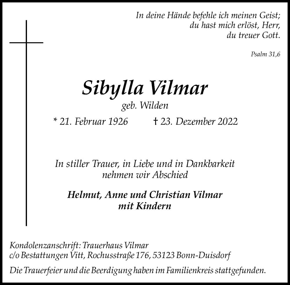  Traueranzeige für Sibylla Vilmar vom 21.01.2023 aus General-Anzeiger Bonn