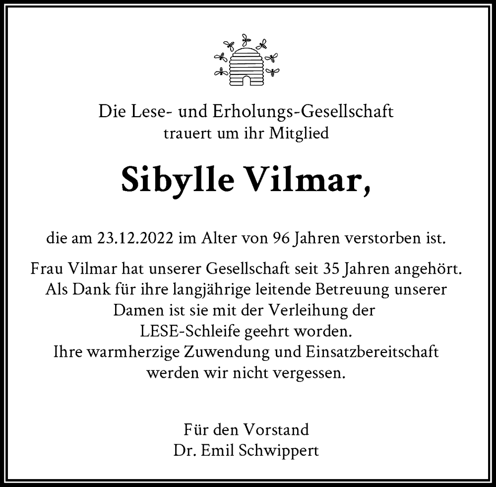  Traueranzeige für Sibylle Vilmar vom 25.01.2023 aus General-Anzeiger Bonn