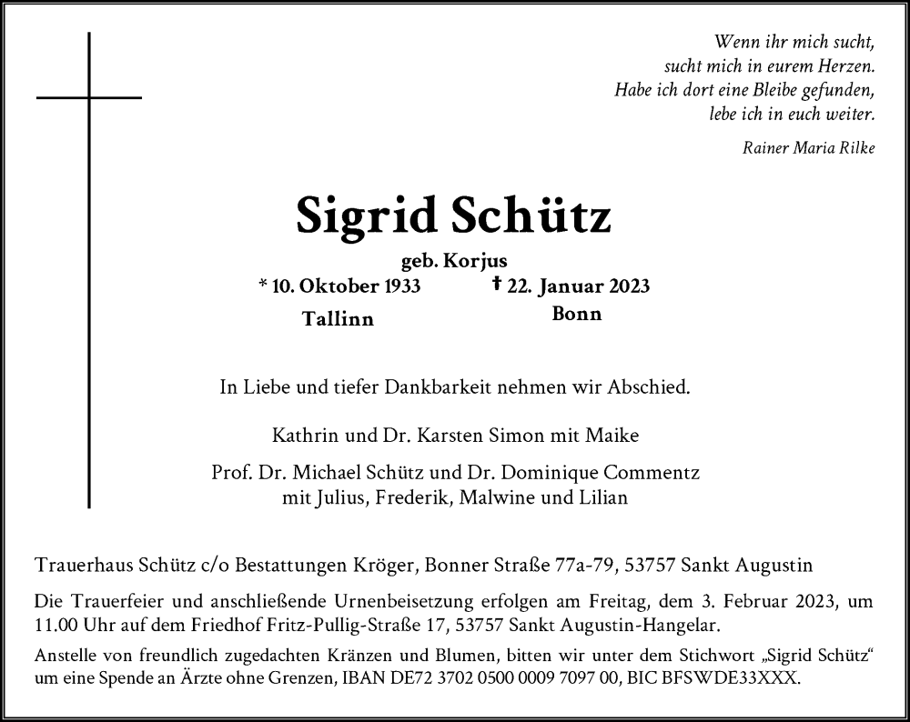  Traueranzeige für Sigrid Schütz vom 28.01.2023 aus General-Anzeiger Bonn