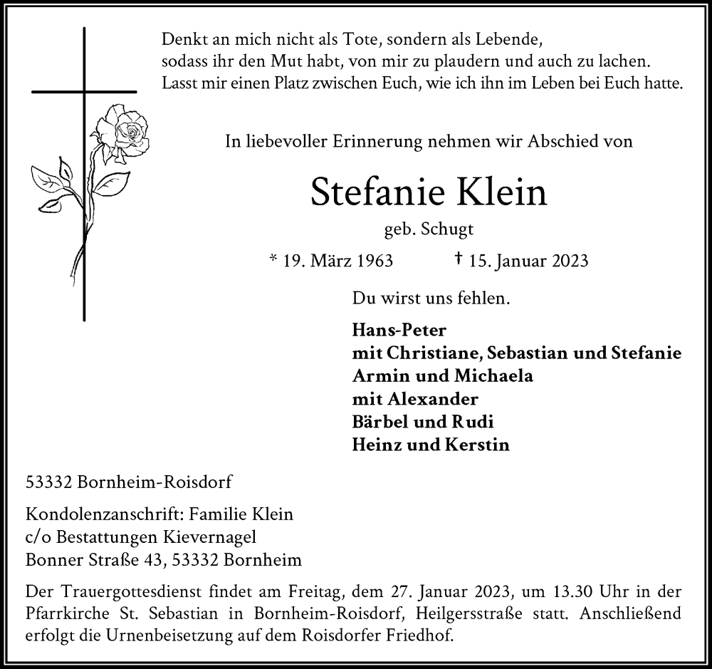  Traueranzeige für Stefanie Klein vom 21.01.2023 aus General-Anzeiger Bonn