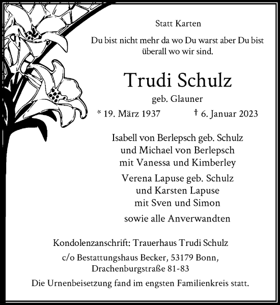Anzeige von Trudi Schulz von General-Anzeiger Bonn