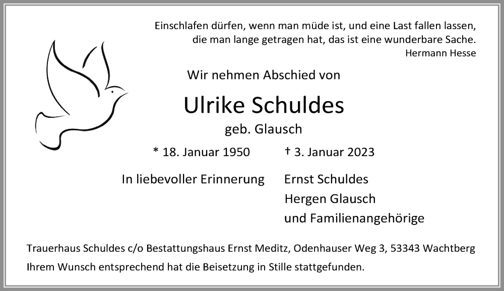  Traueranzeige für Ulrike Schuldes vom 21.01.2023 aus General-Anzeiger Bonn