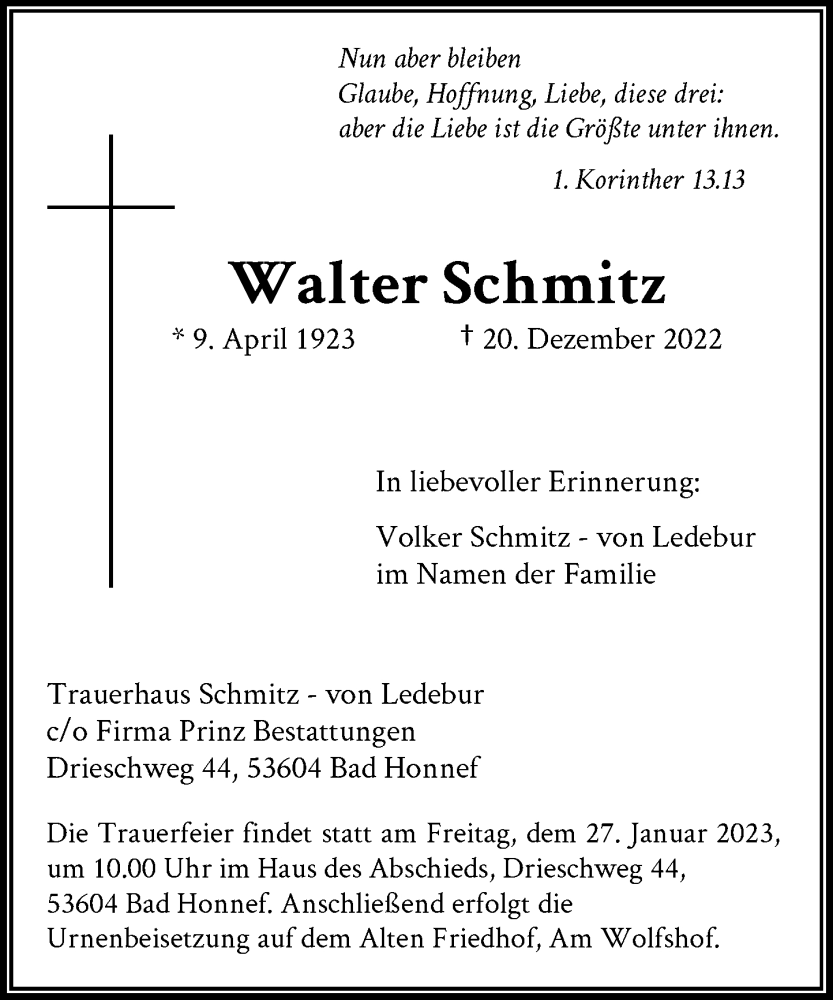 Traueranzeige für Walter Schmitz vom 21.01.2023 aus General-Anzeiger Bonn