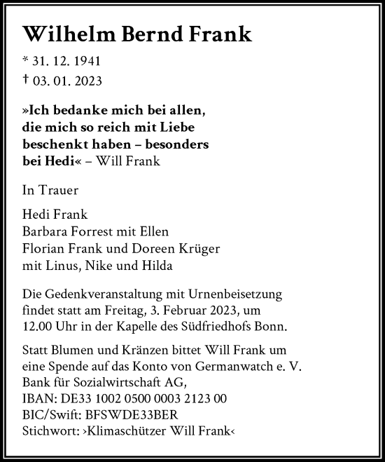 Anzeige von Wilhelm Bernd Frank von General-Anzeiger Bonn