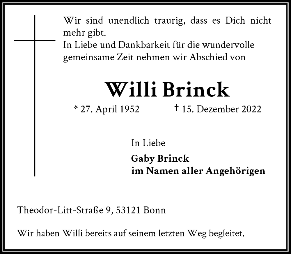  Traueranzeige für Willi Brinck vom 07.01.2023 aus General-Anzeiger Bonn