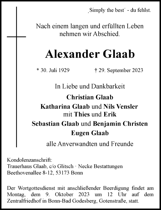 Anzeige von Alexander Glaab von General-Anzeiger Bonn