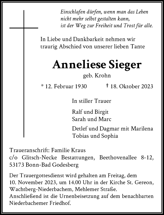 Anzeige von Anneliese Sieger von General-Anzeiger Bonn