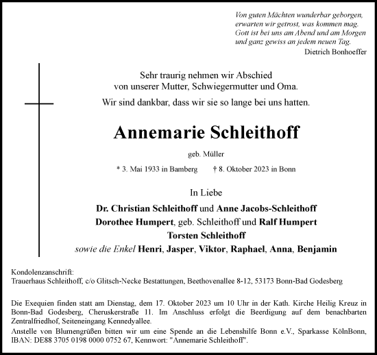 Anzeige von Annemarie Schleithoff von General-Anzeiger Bonn