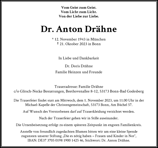 Anzeige von Anton Drähne von General-Anzeiger Bonn