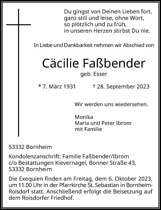Anzeige von Cäcilie Faßbender von General-Anzeiger Bonn