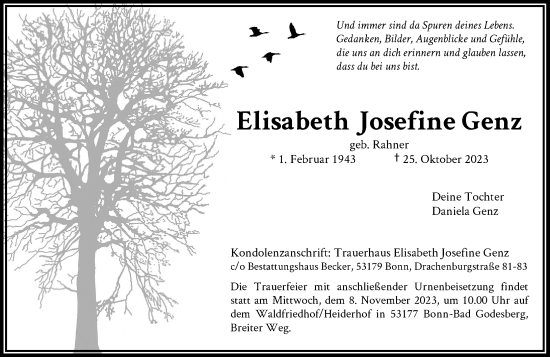 Anzeige von Elisabeth Josefine Genz von General-Anzeiger Bonn