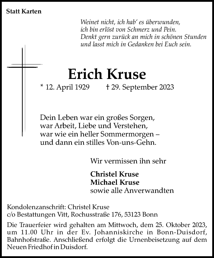  Traueranzeige für Erich Kruse vom 21.10.2023 aus General-Anzeiger Bonn