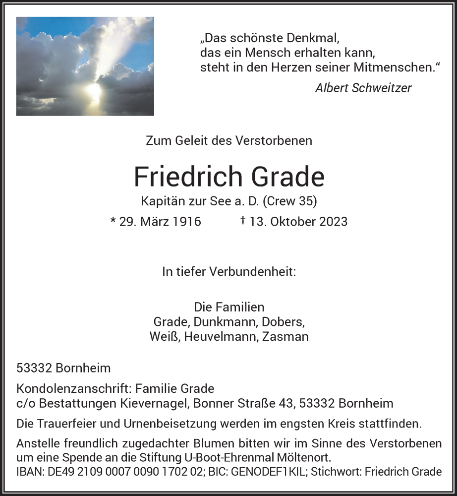  Traueranzeige für Friedrich Grade vom 21.10.2023 aus General-Anzeiger Bonn