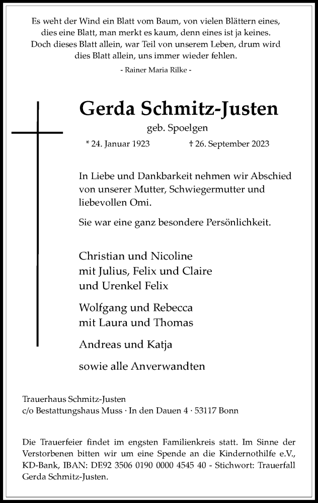  Traueranzeige für Gerda Schmitz-Justen vom 21.10.2023 aus General-Anzeiger Bonn