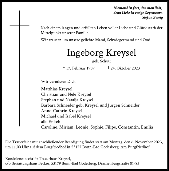 Anzeige von Ingeborg Kreysel von General-Anzeiger Bonn