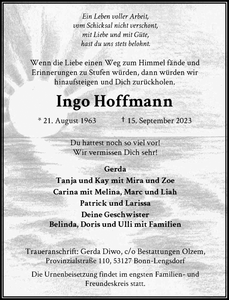  Traueranzeige für Ingo Hoffmann vom 07.10.2023 aus General-Anzeiger Bonn