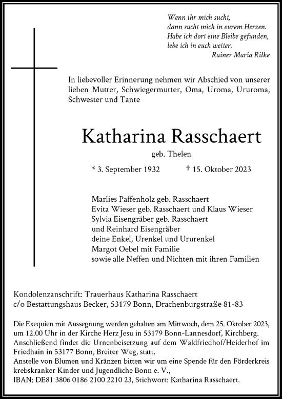 Anzeige von Katharina Rasschaert von General-Anzeiger Bonn