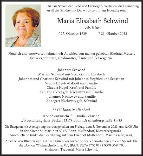 Anzeige von Maria Elisabeth Schwind von General-Anzeiger Bonn