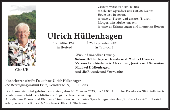 Anzeige von Ulrich Hüllenhagen von General-Anzeiger Bonn