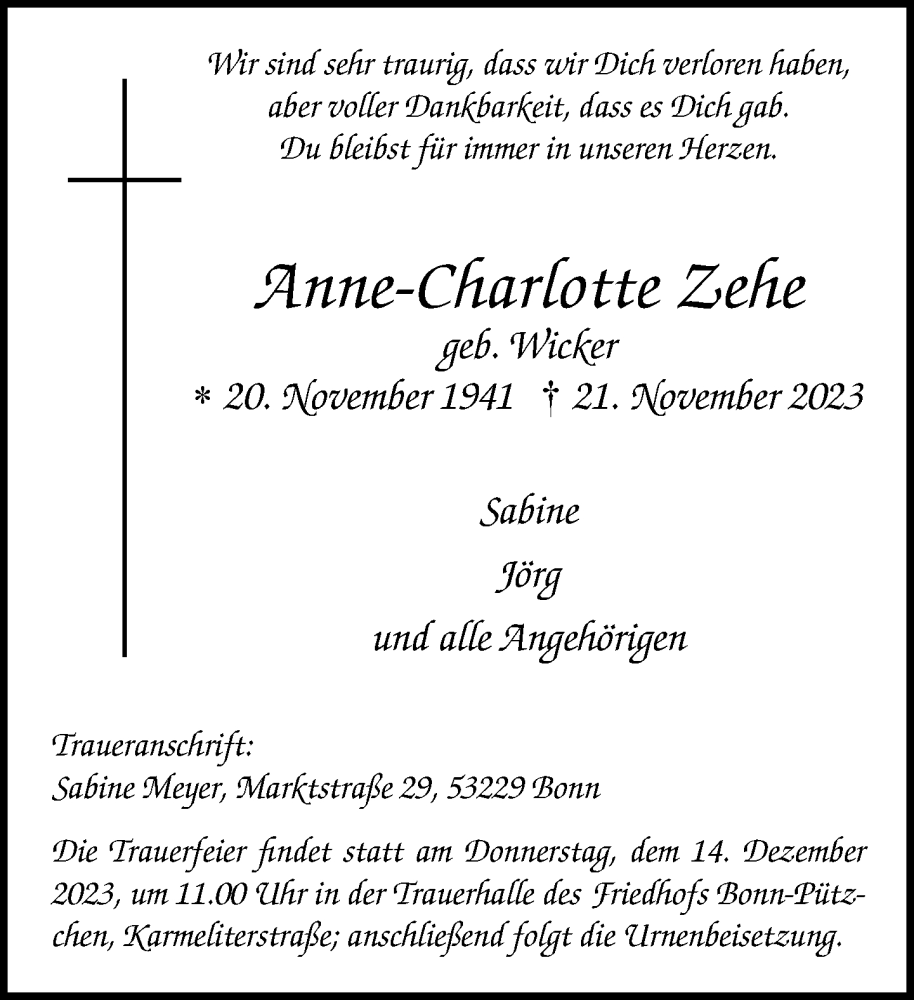  Traueranzeige für Anne-Charlotte Zehe vom 25.11.2023 aus General-Anzeiger Bonn