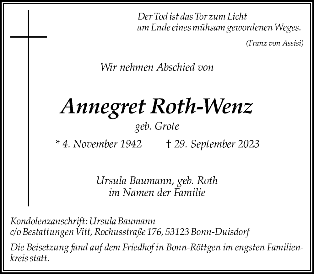  Traueranzeige für Annegret Roth-Wenz vom 18.11.2023 aus General-Anzeiger Bonn