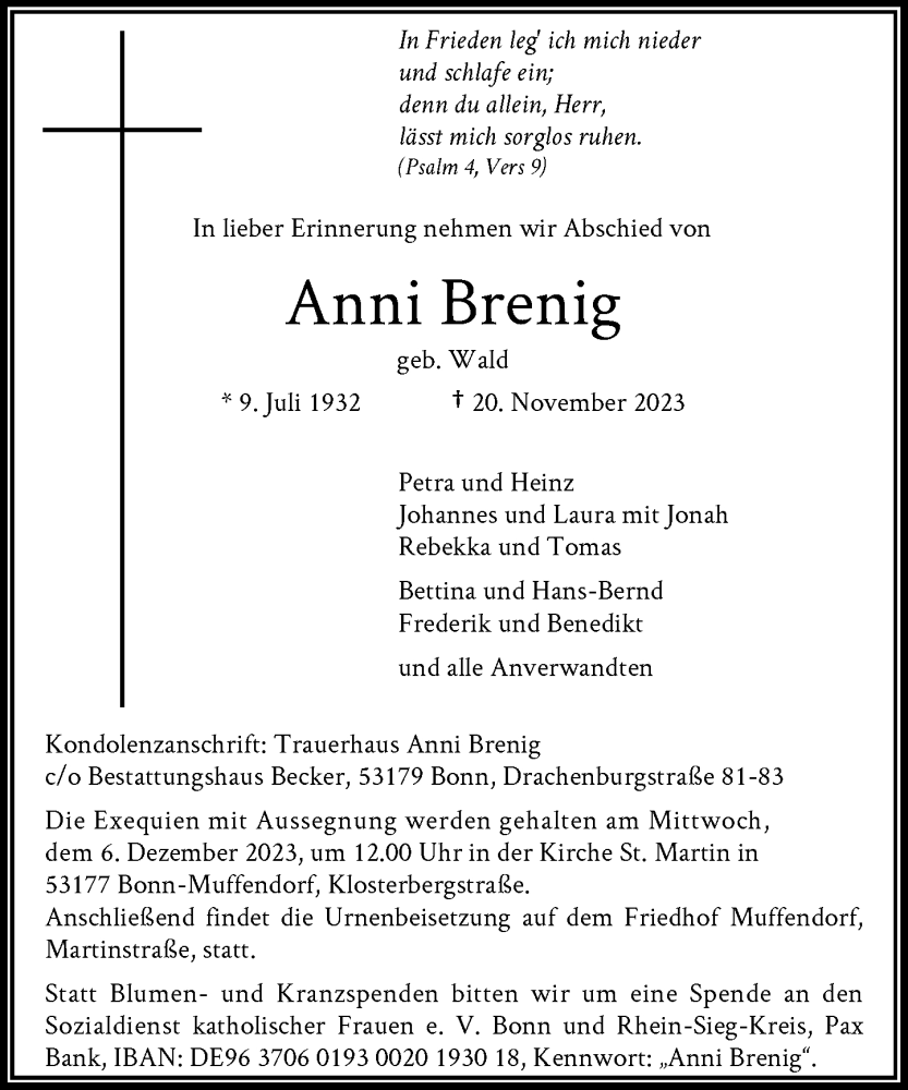  Traueranzeige für Anni Brenig vom 02.12.2023 aus General-Anzeiger Bonn