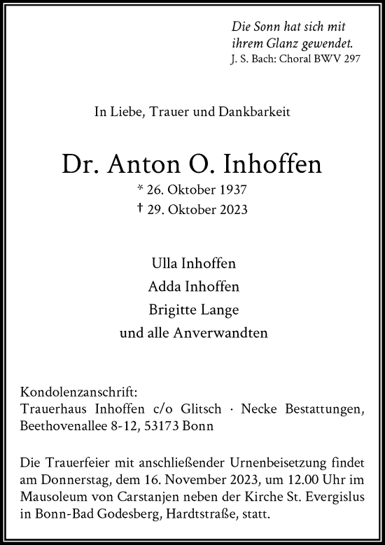 Anzeige von Anton O. Inhoffen von General-Anzeiger Bonn