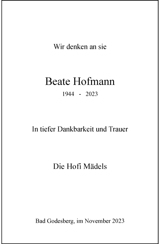 Anzeige von Beate Hofmann von General-Anzeiger Bonn
